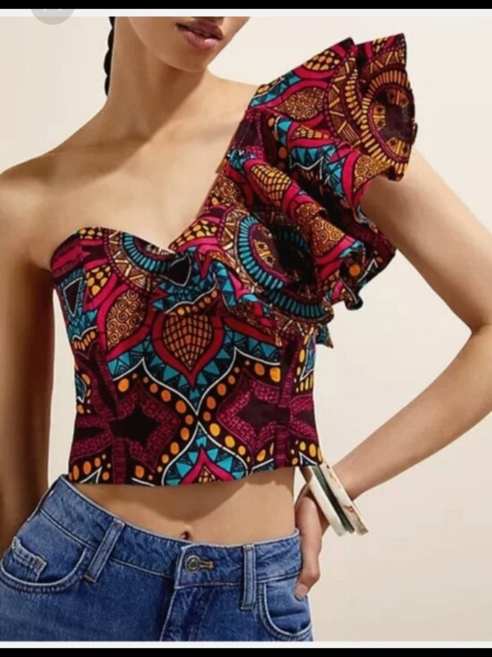 One-Shoulder Ruffle Crop Top in Multicolor Print - Picture 2 of 5